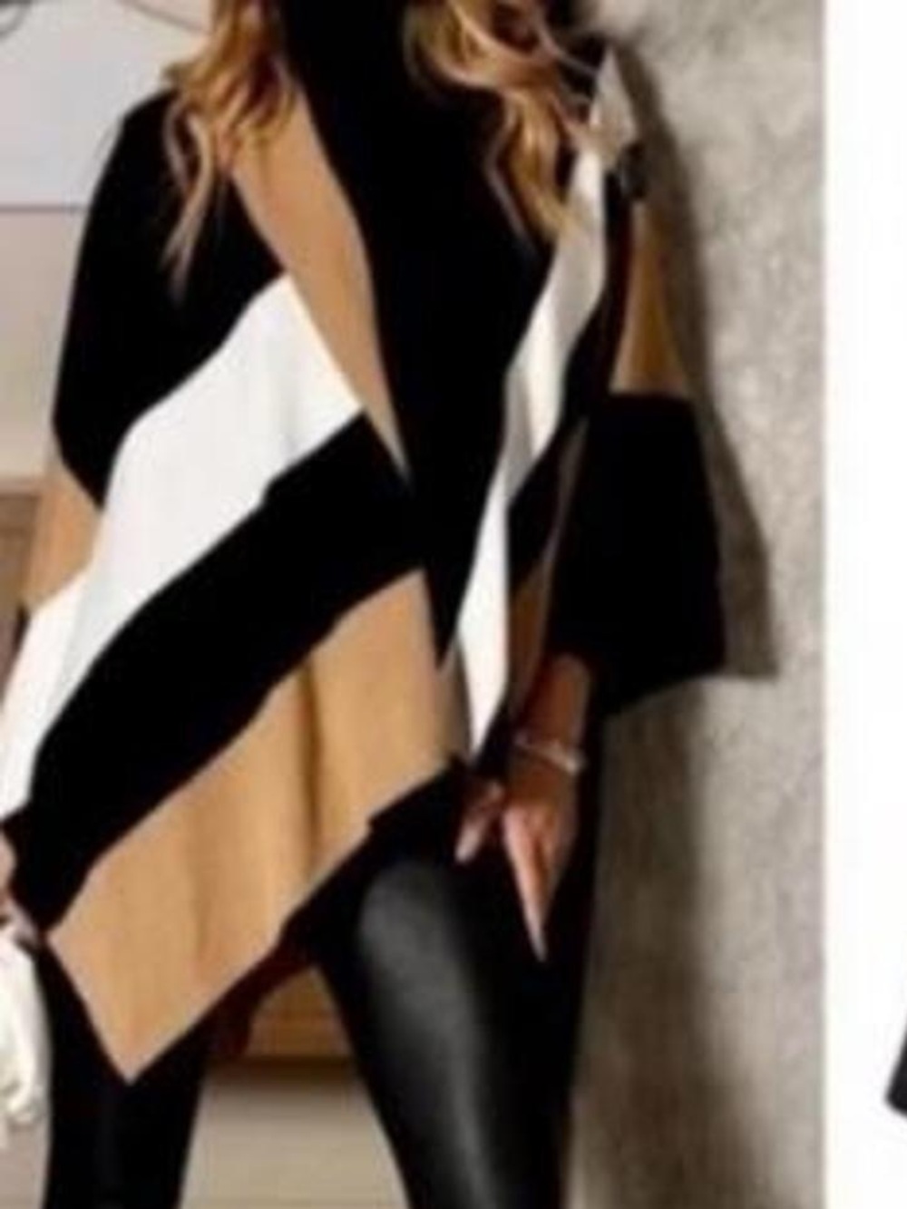 Colorblock Striped Black, Tan & White Women's Poncho Sweater